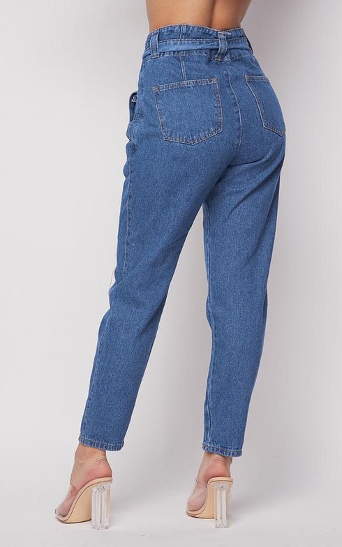 Belted Front Tie Denim Mom Jeans in Classic Denim - SohoGirl.com